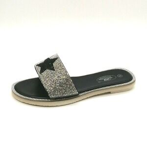 Bolaro Shoes Womens Sandals Star Rhinestone Slide  Black Slip On Flat Heel 6
